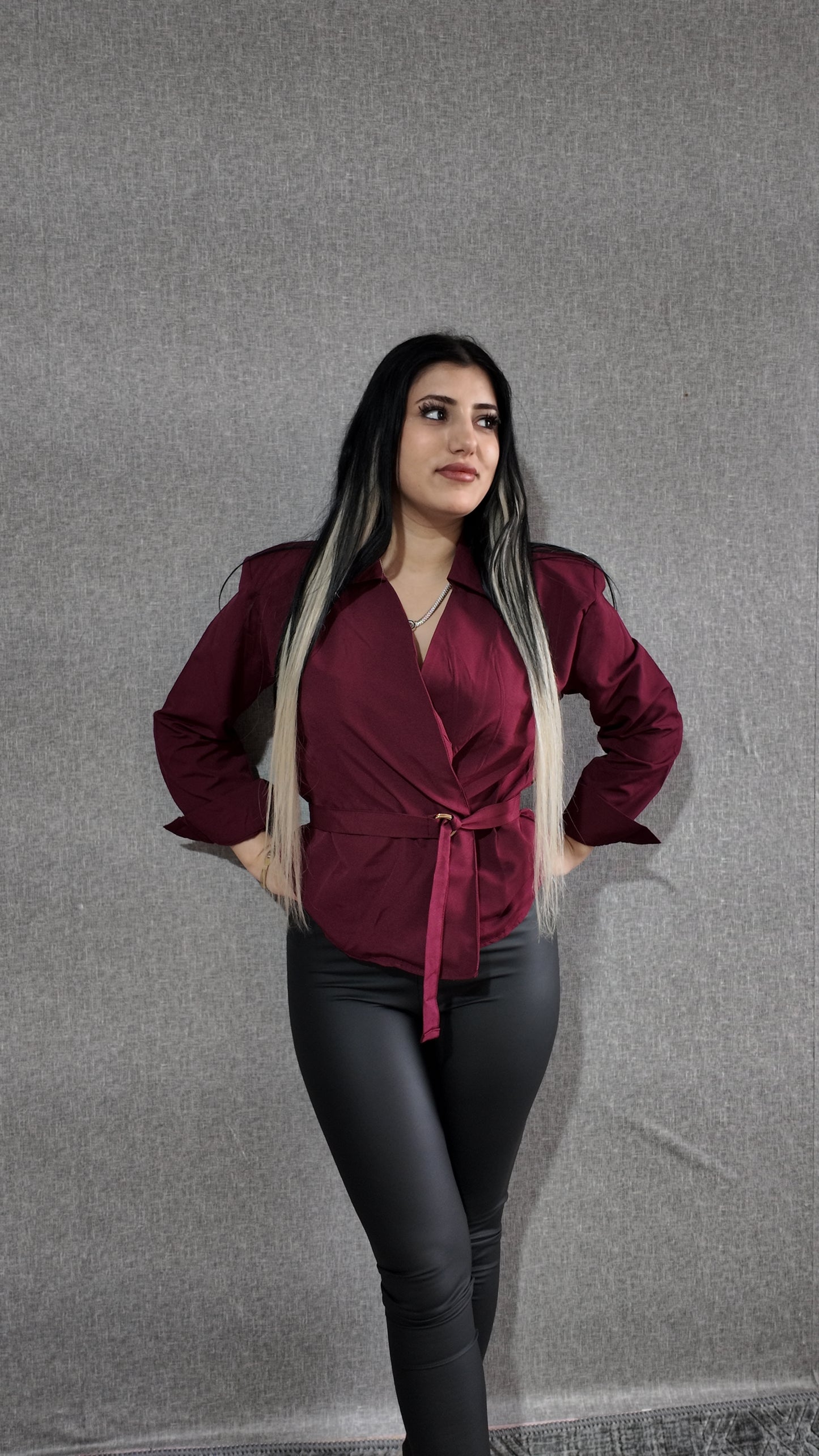 Bordo Kemerli Poplin Kadın Gömlek Bluz
