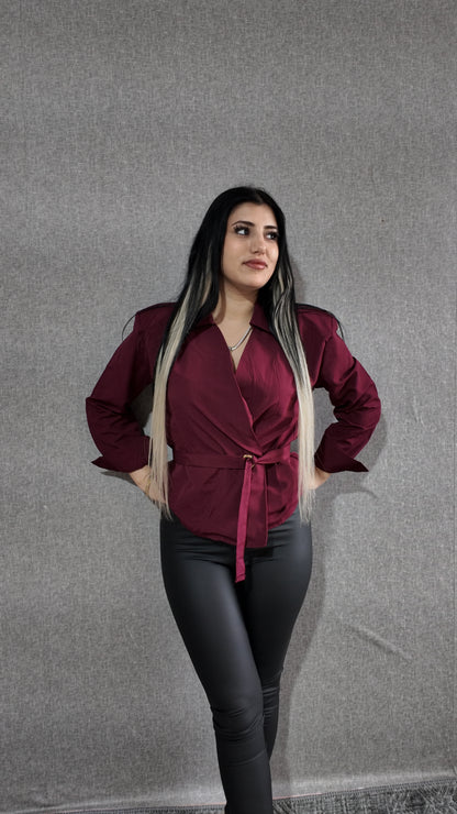 Bordo Kemerli Poplin Kadın Gömlek Bluz