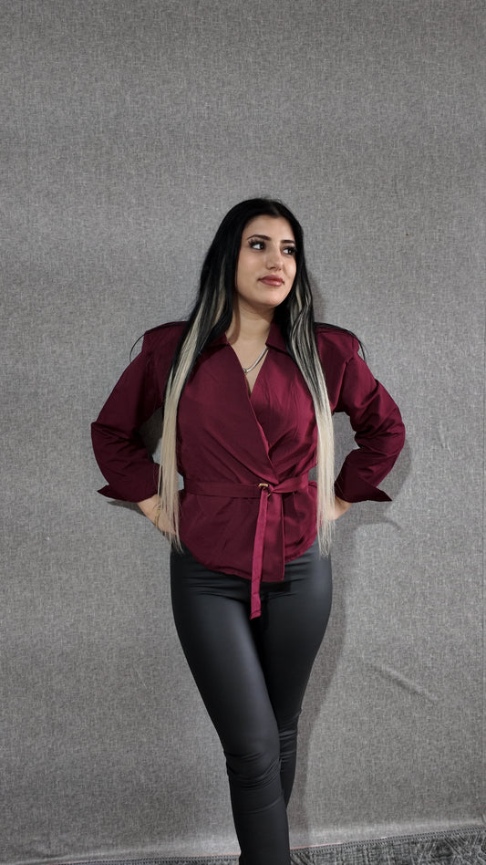 Bordo Kemerli Poplin Kadın Gömlek Bluz