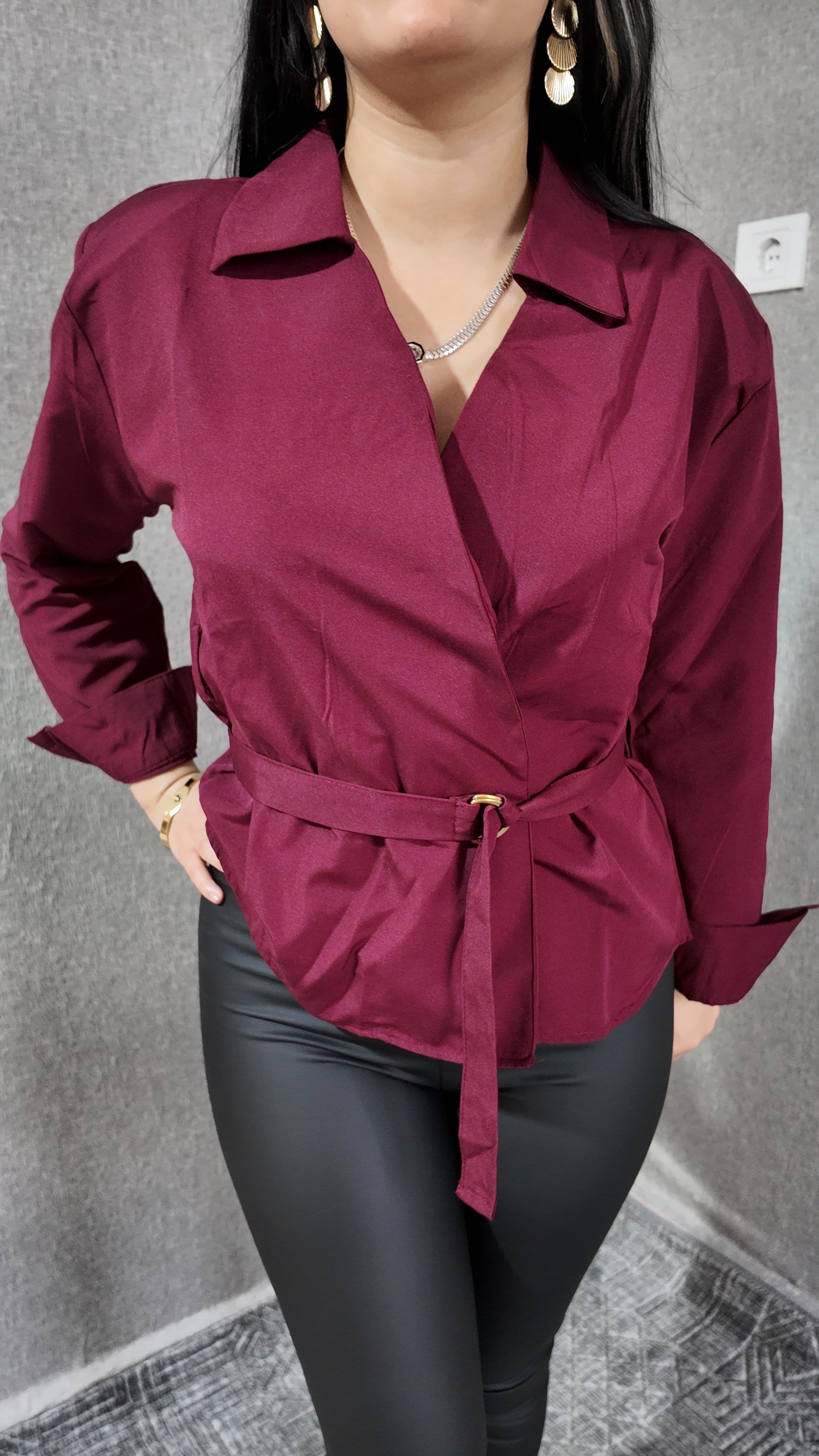 Bordo Kemerli Poplin Kadın Gömlek Bluz