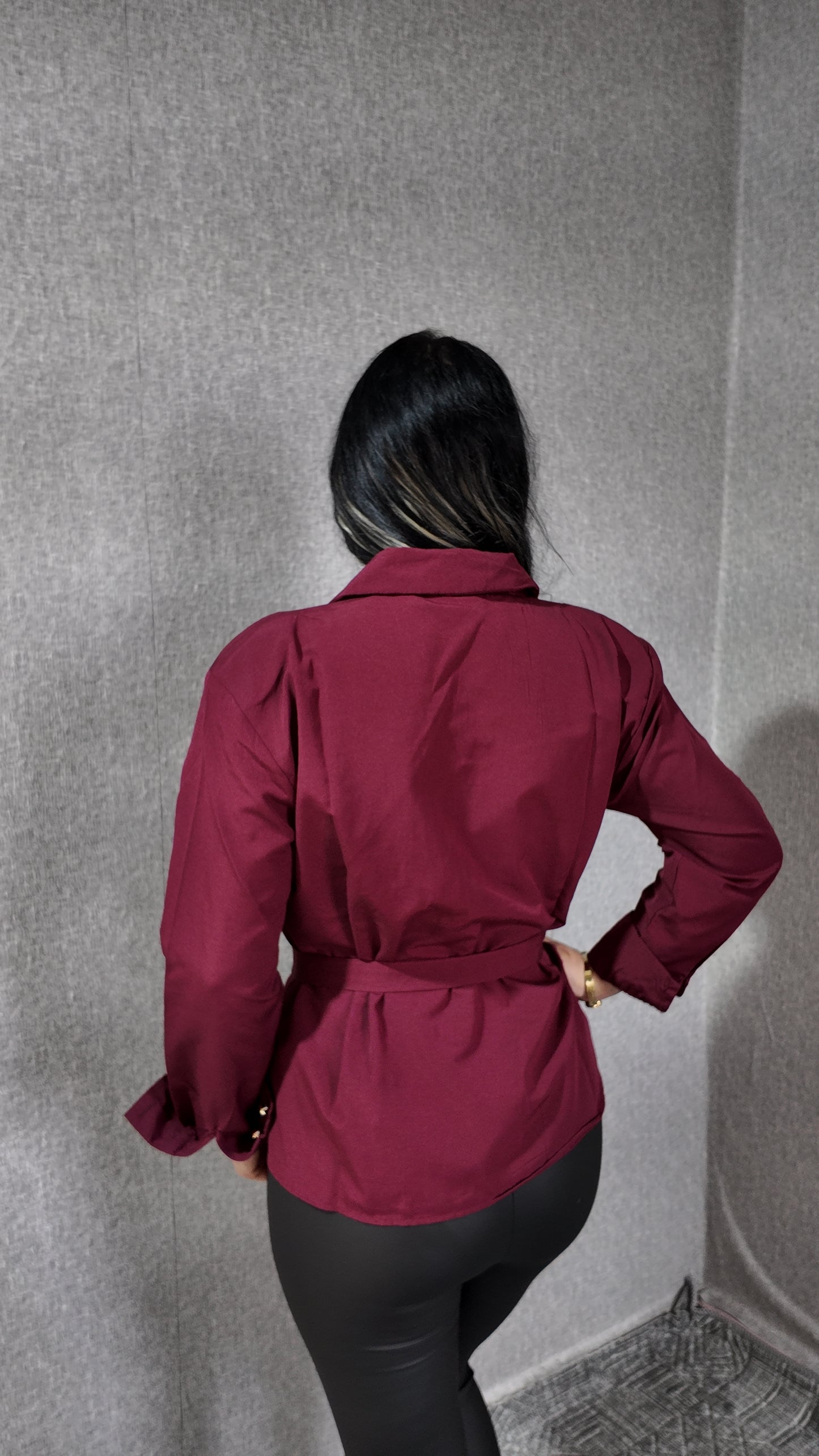 Bordo Kemerli Poplin Kadın Gömlek Bluz